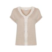 Le Tricot Perugia Pärlad Panel T-shirt Beige, Dam