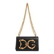 Dolce & Gabbana Svart Axelväska med Guldlogotyp Black, Dam