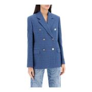 Versace Dubbelknäppt Tweed Bouclé Blazer Blue, Dam