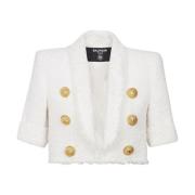 Balmain Vit Tweed Cropped Pullover med V-Hals White, Dam