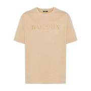 Balmain Beige Jersey Broderad Logotyp Rund Hals Beige, Herr