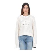 Tommy Jeans Kräm Kabelstickad Crew-Neck Sweater White, Dam