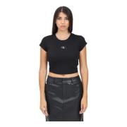 Calvin Klein Jeans Svart Ribbad Bomull Logo T-shirt Black, Dam