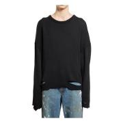 Helmut Lang Svart Ribbstickad Sliten Crewneck Tröja Black, Herr