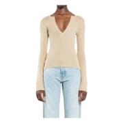 Max Mara Beige Ribbstickad V-ringad T-shirt Beige, Dam