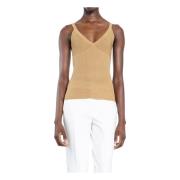 Max Mara Beige Silk Cashmere Ribbed-Knit V-Neck Sleeveless T-Shirt Bei...