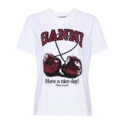 Ganni Vit Bomull T-shirt med Logotyptryck White, Dam