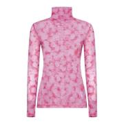 Dries Van Noten Rosa Abstrakt Tryck Turtleneck Tröja Pink, Dam