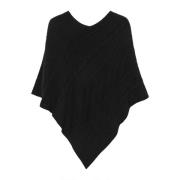 Cream Svart Stickad Poncho med Elegant Mönster Black, Dam