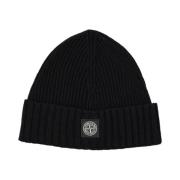 Stone Island Chunky Ribbed Knit Logo Patch Hat Black, Herr