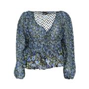 Desigual Mönstrad Blus med V-ringning Blue, Dam