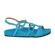 Anna F. Öppen platt sandal med dekorativa band Blue, Dam