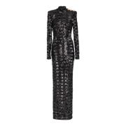 Balmain Lång paljettklänning Black, Dam