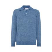 Brunello Cucinelli Blå Stickad Polo Tröja Blue, Herr