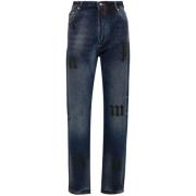 Palm Angels Denim Jeans Logo Print Straight Leg Blue, Herr