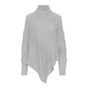 Cream Ljusgrå Melange Turtleneck Poncho Stickad Gray, Dam