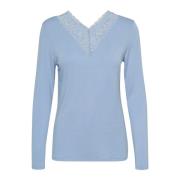 Cream Feminin Spetsdetalj V-ringad Topp Blue, Dam