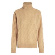 Tommy Hilfiger Klassisk Kabel Roll-Neck Tröja Beige, Dam