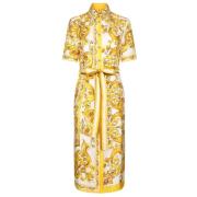 Dolce & Gabbana Majolica Print Sidens Midi Klänning Yellow, Dam