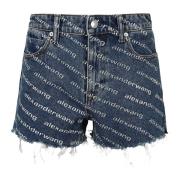 Alexander Wang Mörkblå/Vit Logotryck Högmidjade Shorts Blue, Dam