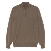 Canali Merinoull Half-Zip Stickat Brown, Herr