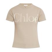 Chloé T-shirt med sammet logofinish Beige, Dam