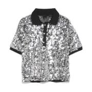 Pinko Svart Mesh Polo Sequin T-shirt Gray, Dam