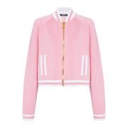 Balmain Beskuren stickad collegejacka med randiga detaljer Pink, Dam