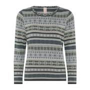 Skovhuus Jaquard Pullover Blouse med O-Neck Green, Dam