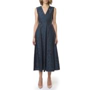 Max Mara Blå Jacquard Bomull Midi Klänning Blue, Dam