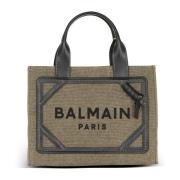 Balmain B-Army liten canvas shoppingväska med läderinsatser Beige, Dam