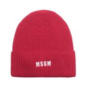 Msgm Röd Ribbstickad Mössa med Broderad Logotyp Red, Herr