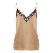 Alberta Ferretti Satin V-ringad Blus med Spets Beige, Dam