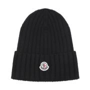 Moncler Svart Ribbstickad Ullmössa Black, Dam