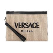 Versace Vävd Raffia Broderad Logopåse Beige, Dam