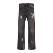 Palm Angels Svarta Loose Fit Denim Jeans med Patches Black, Herr