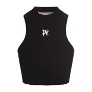 Palm Angels Svart Ärmlös Crop Top med Monogram Black, Dam