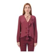 Patrizia Pepe Bordeaux Crepe Blus med Rouches Red, Dam