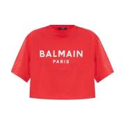 Balmain Röd Logo Print Crew Neck T-shirt Red, Dam