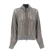 Brunello Cucinelli Paljett Mesh Cardigan Gray, Dam