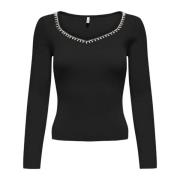 Only Svart Stickad Sweetheart Halsringning Sweater Black, Dam