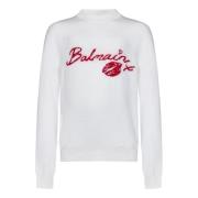 Balmain Vit Stickad Crewneck Tröja med Logotyp White, Herr