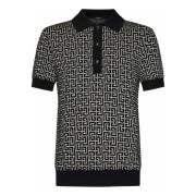 Balmain Svart Stickad Polo med Monogram Motiv Black, Herr