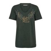 MOS Mosh Broderad T-shirt med V-ringning Green, Dam