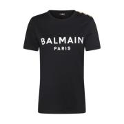 Balmain Knappdetalj Logotyp Tryck Bomull T-shirt Black, Dam