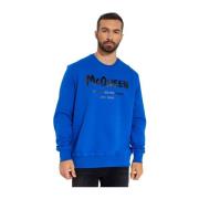 Alexander McQueen Blått Logosweatshirt Rund Hals Ribbad Blue, Herr