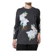 Dolce & Gabbana Blommig Crewneck Sweater med Logodetaljer Gray, Dam