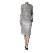 Dolce & Gabbana Silverblommig Spets Sheath Midi Klänning Gray, Dam