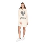 Love Moschino Leopard Hjärta Hoodie Klänning Kräm Vit Beige, Dam