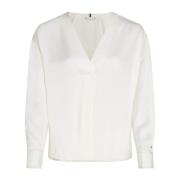 Tommy Hilfiger V-ringad Viskosblus med Kontrastkant White, Dam